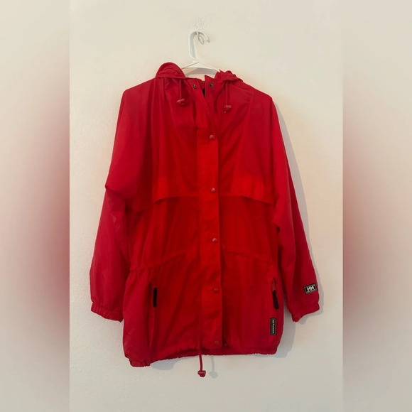 Helly Hansen - Red Packable Hooded Windbreaker 1990s Rain Jacket Size Small - Picture 1 of 9